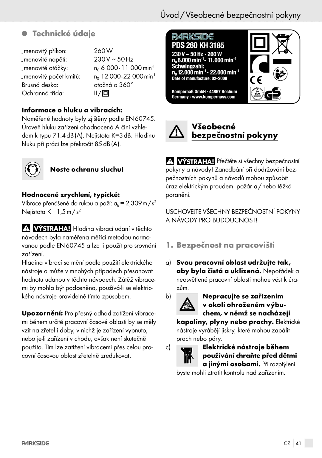 Parkside POE-1200, POE-2400 manual Úvod / Všeobecné bezpečnostní pokyny, Technické údaje, Všeobecné Bezpečnostní pokyny 